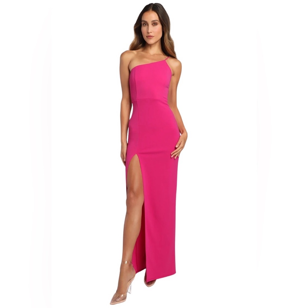 Lulu’s Keeper of My Heart Magenta Hot Pink One Shoulder Maxi Dress Gown Small